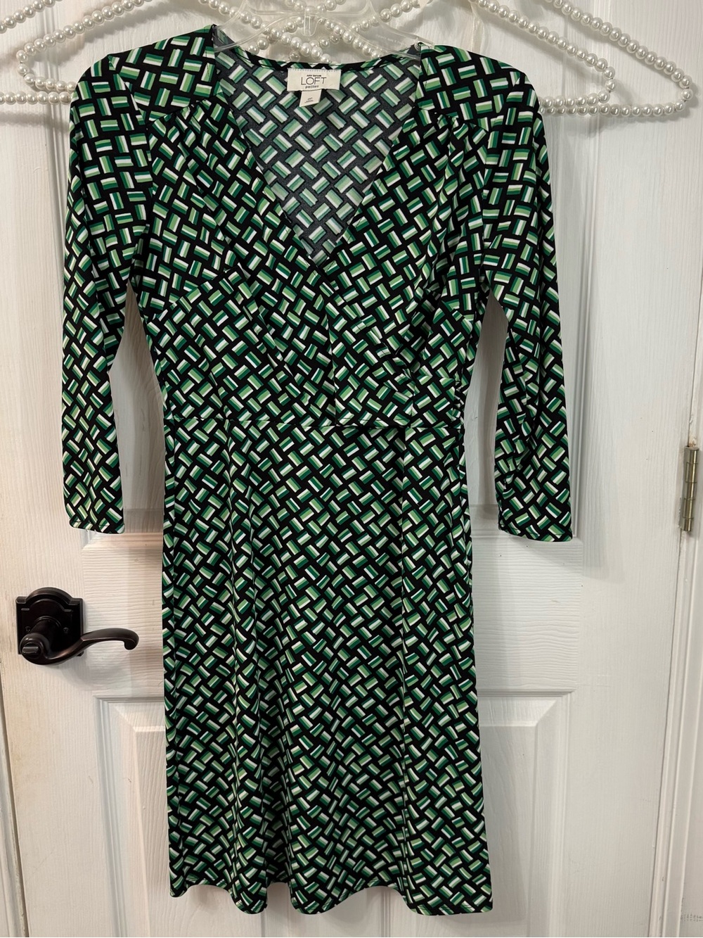 LOFT Black and Green Geometric Wrap-Style Dress